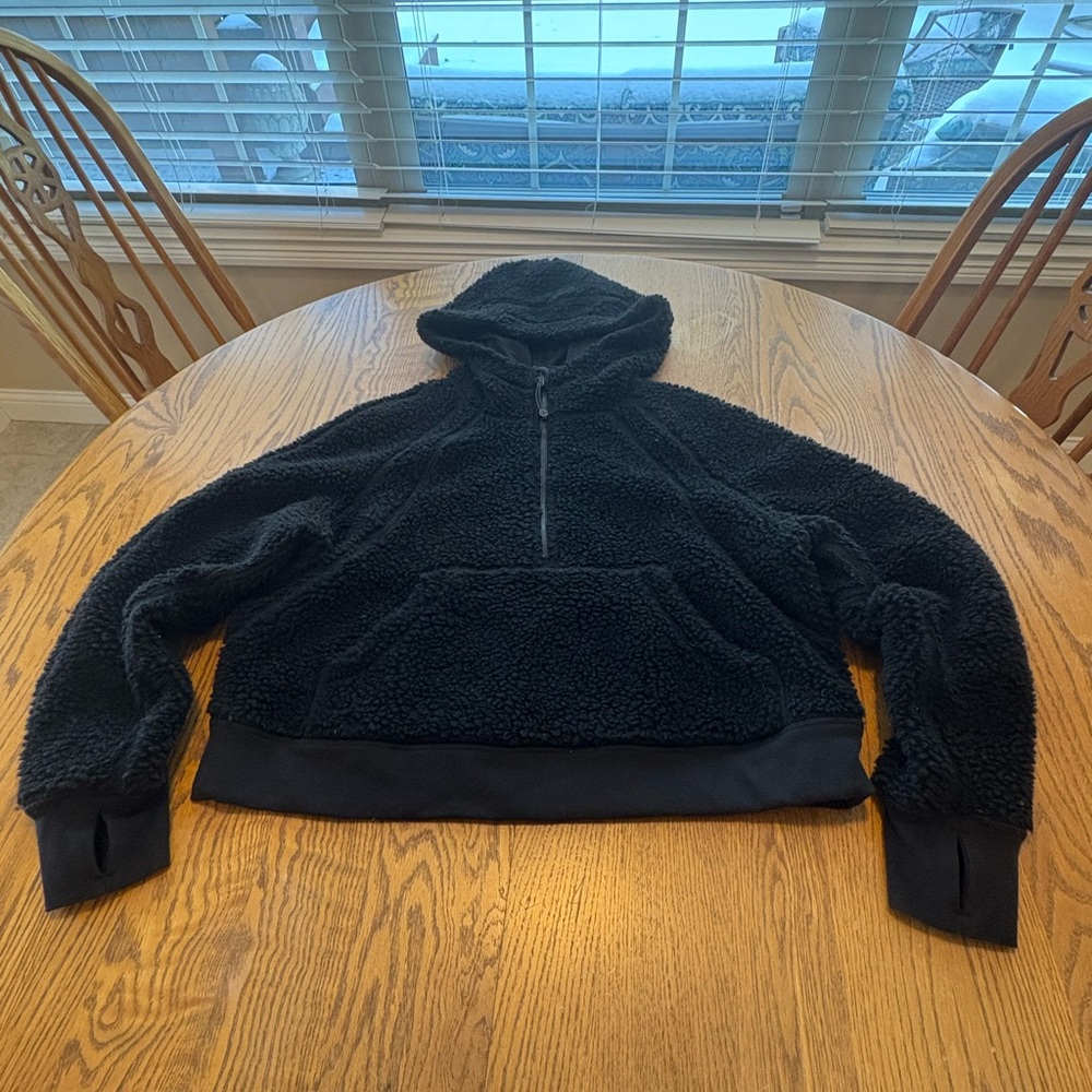 Lululemon Sherpa Scuba Black Hoodie sz M/L  Half Zip Wool Blend Kangaroo Pouch
